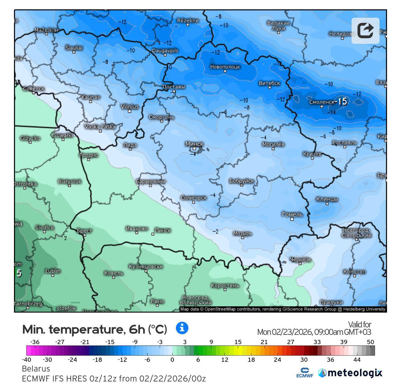 Минимальная температура утром 23 февраля в Беларуси