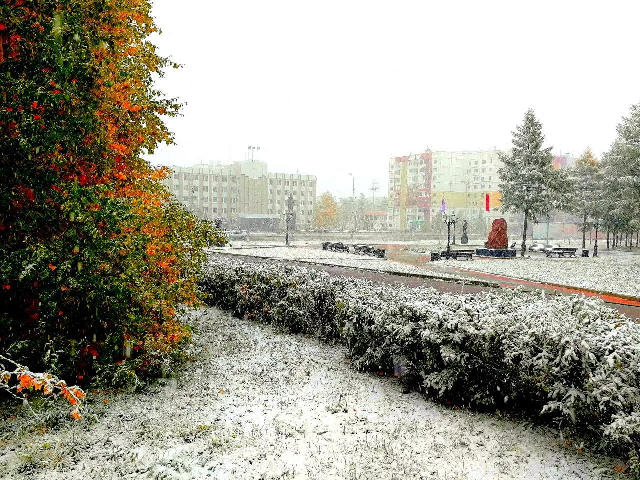 первый снег в городе осенью