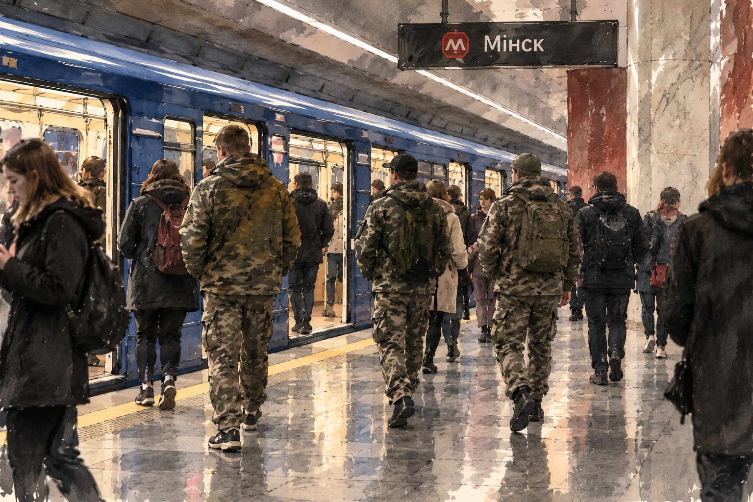 люди в камуфляже в метро