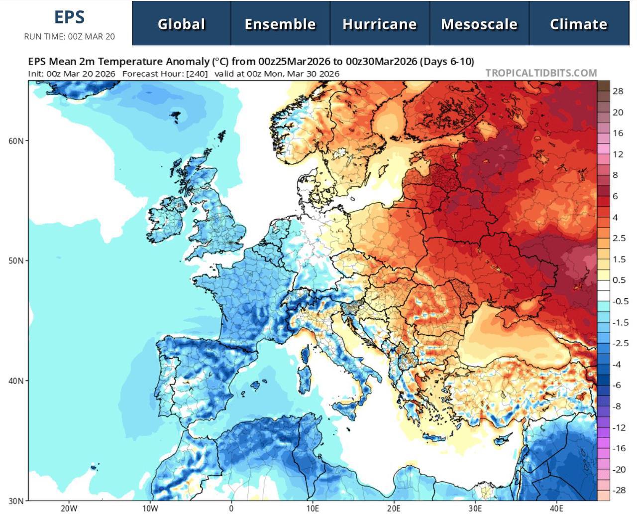 Карта температурных аномалий с 25 по 30 марта
