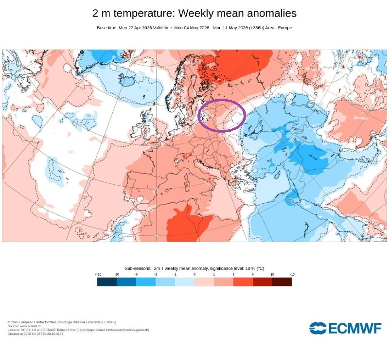 Карта температурных аномалий с 4 по 11 мая