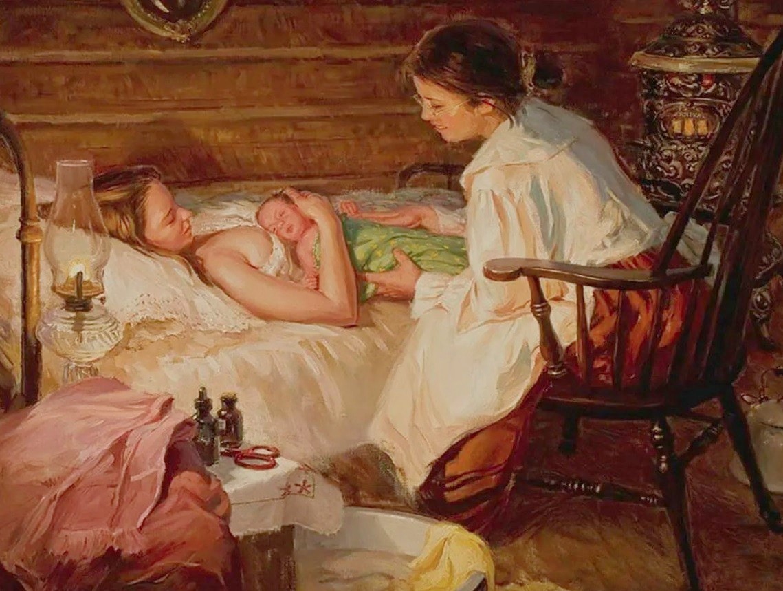 Молодая мама с младенцем и повитуха.jpg