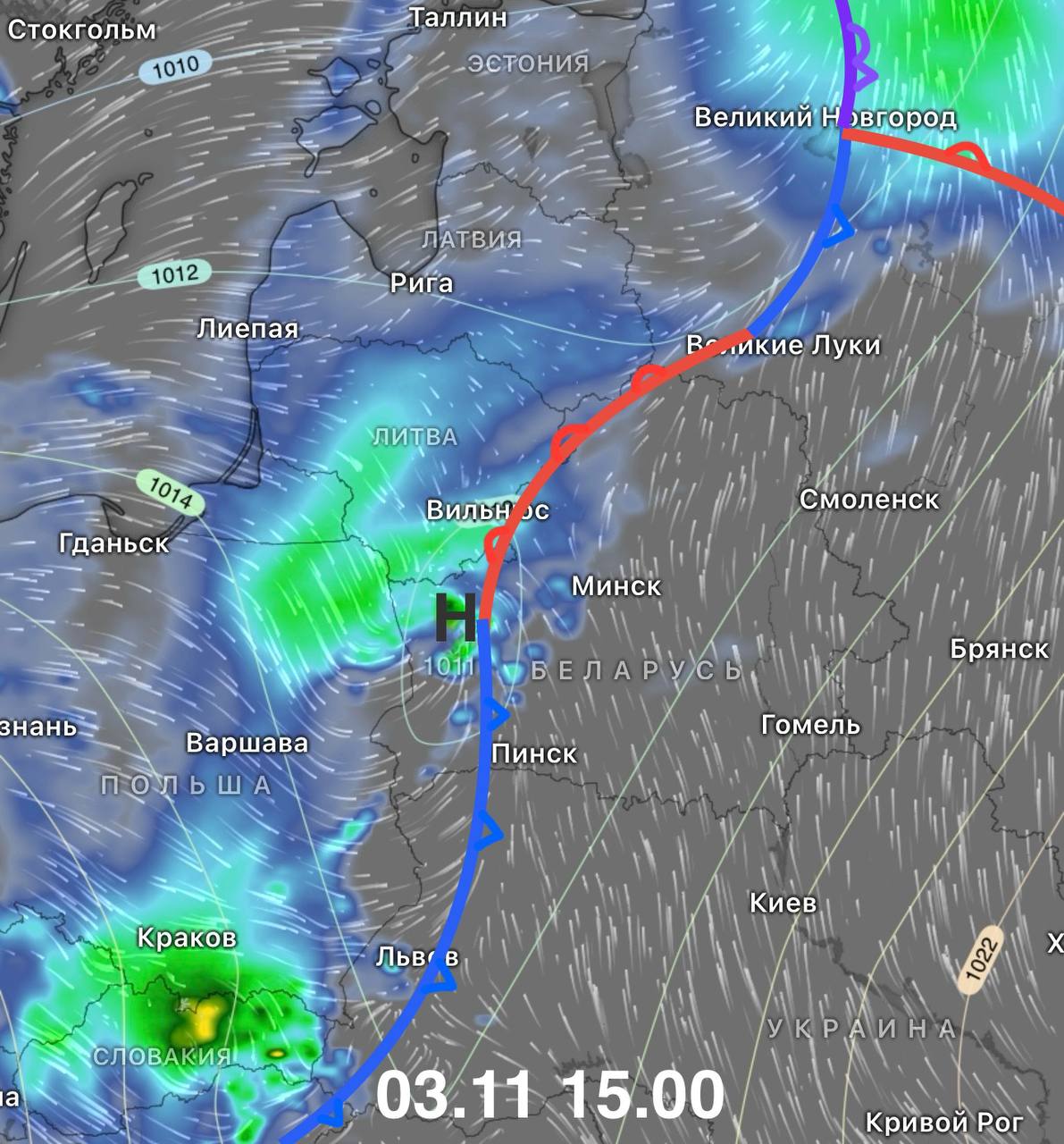 конкретная линия осадков 3 ноября в Беларуси