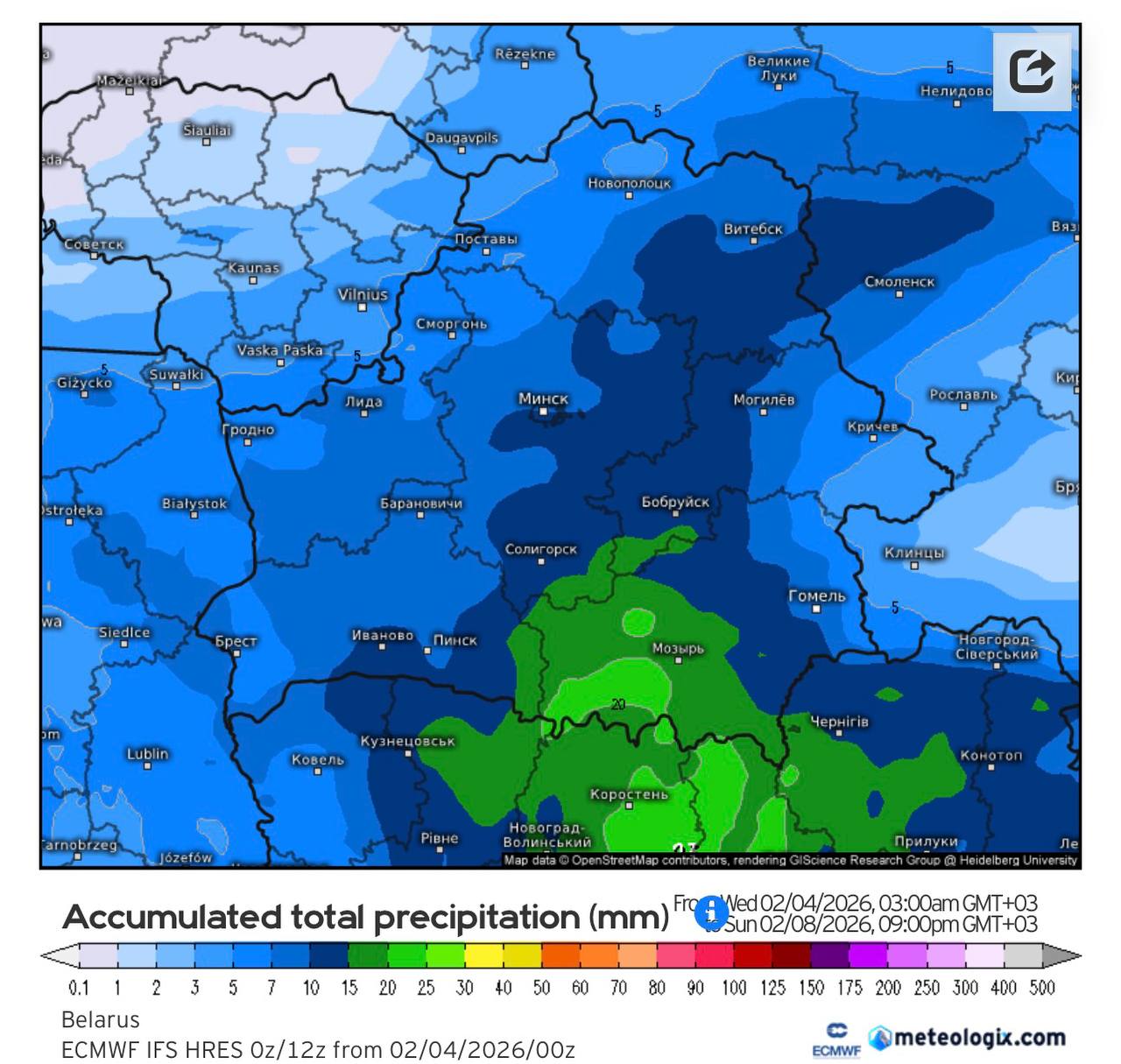 Общее количество осадков в Беларуси к 8 февраля