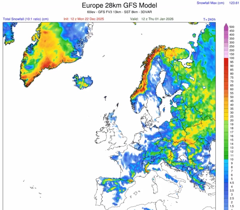 Расчет от GFS по снегу к 1 января