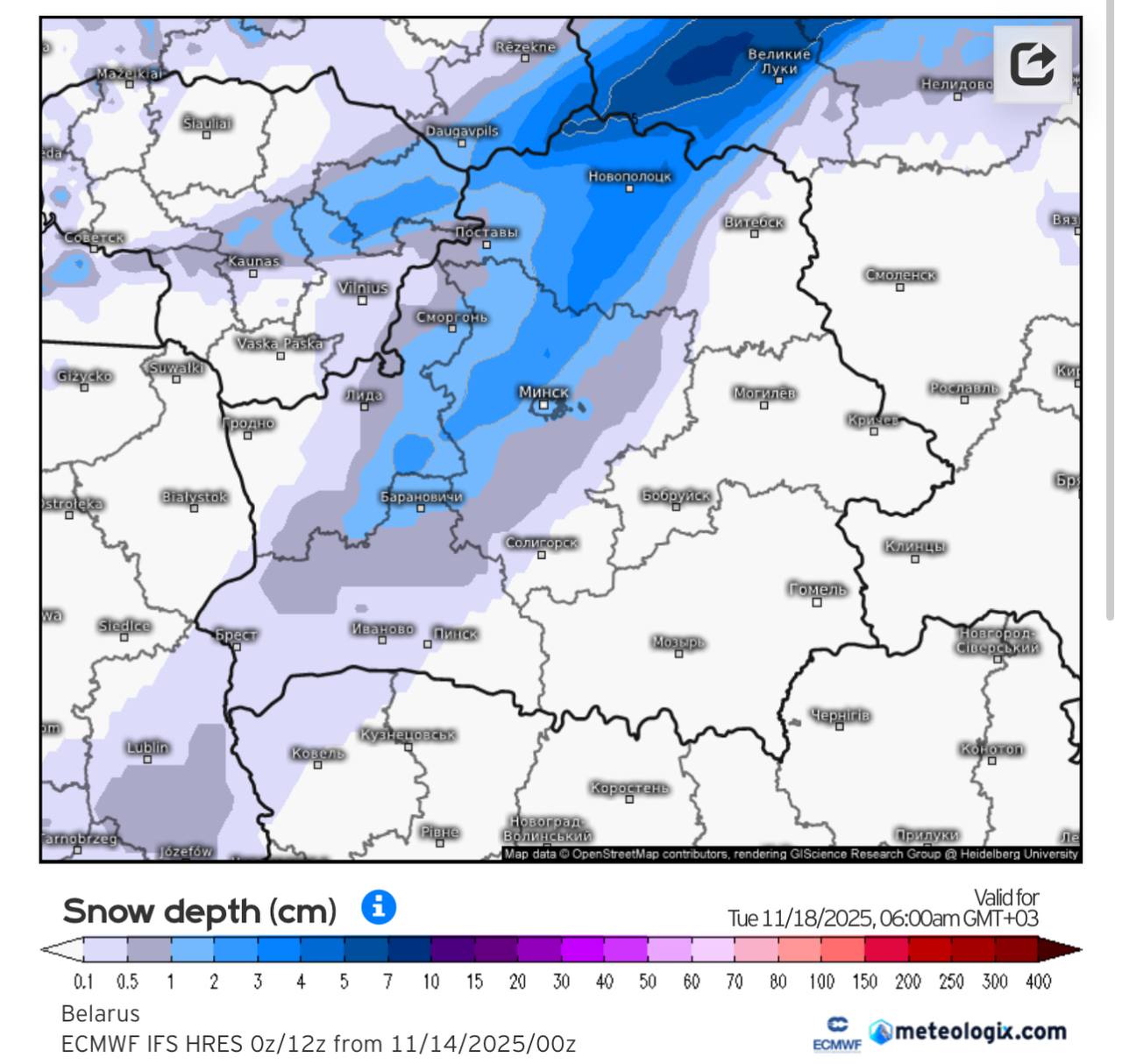 Глубина снежного покрова утром 18 ноября в Беларуси