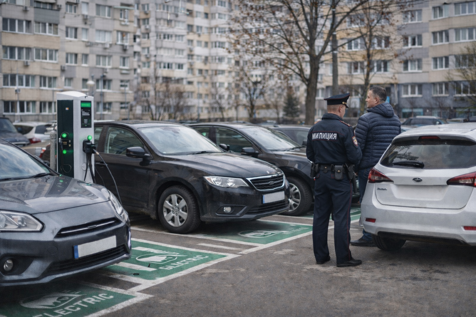 электрозарядка во дворе, изображение создано ИИ электрозарядка во дворе, изображение создано ИИ