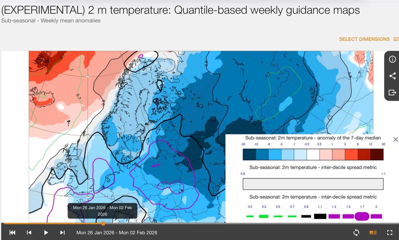 Карта температурных аномалий с 26 января по 2 февраля
