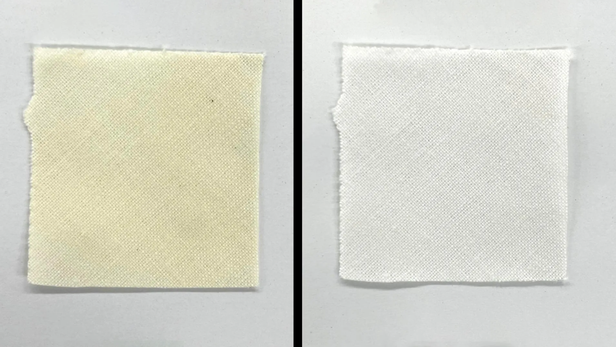 Воздействие синего светодиодного света на пятно, похожее на пот, на хлопке в течение 10 минут значительно устранило желтизну