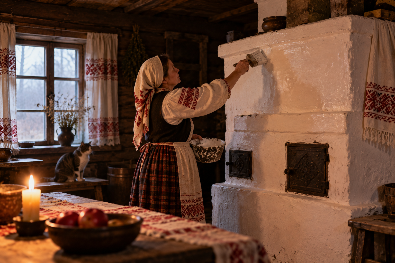 хозяйка хаты белит печь