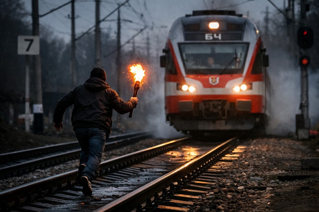 мужчина с факелом бежит навстречу поезду