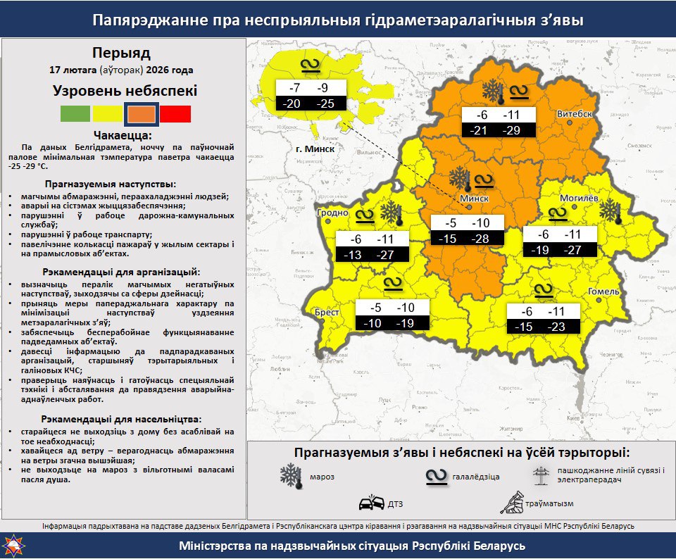 Оранжевый уровень опасности в Беларуси 17 февраля