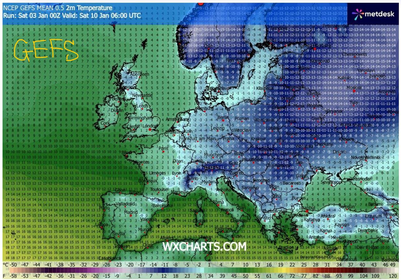 Прогноз по температуре к 9 часам 10 января от ансамблевой модели GEFS