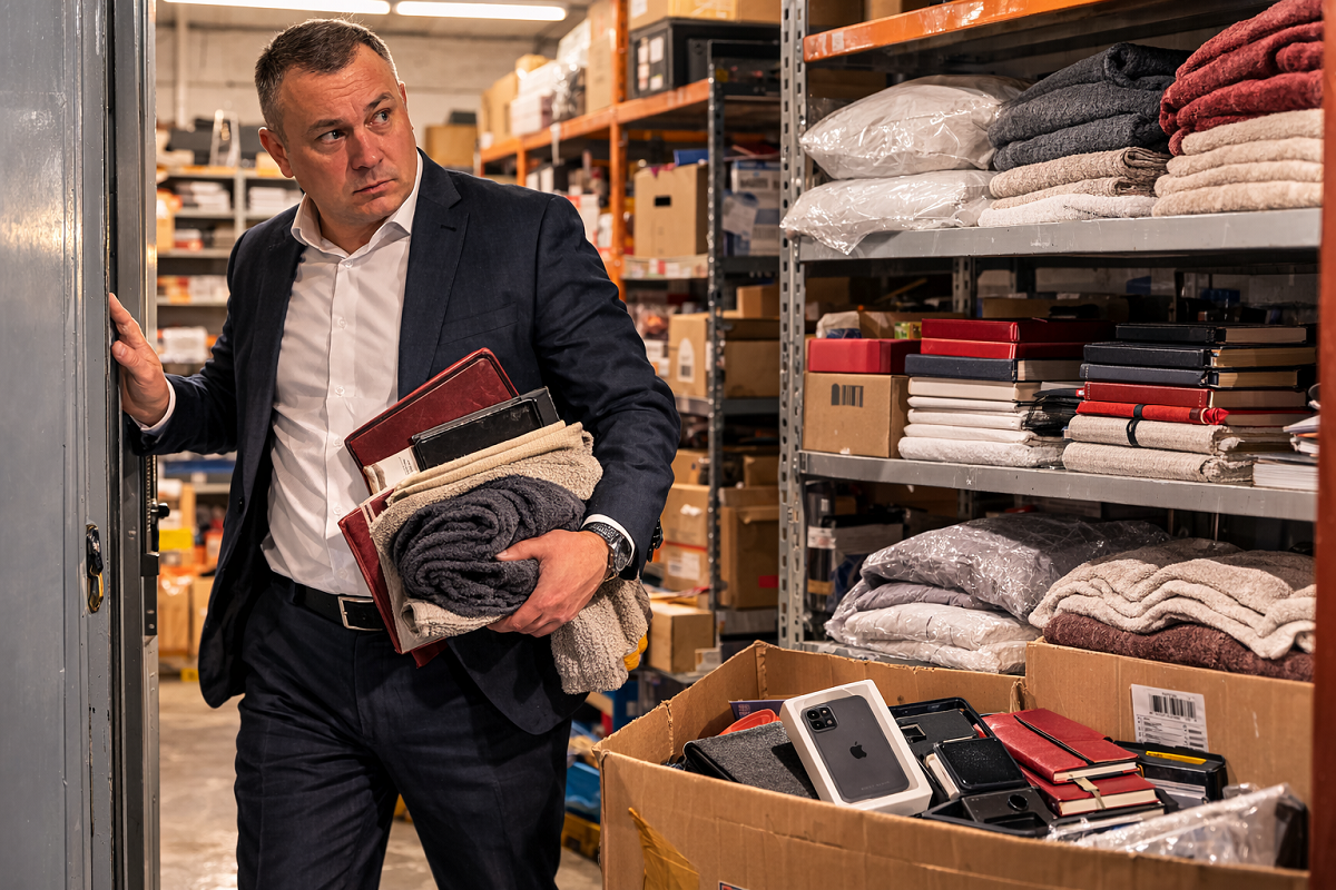 мужчина на складе с полотенцами в руках.png