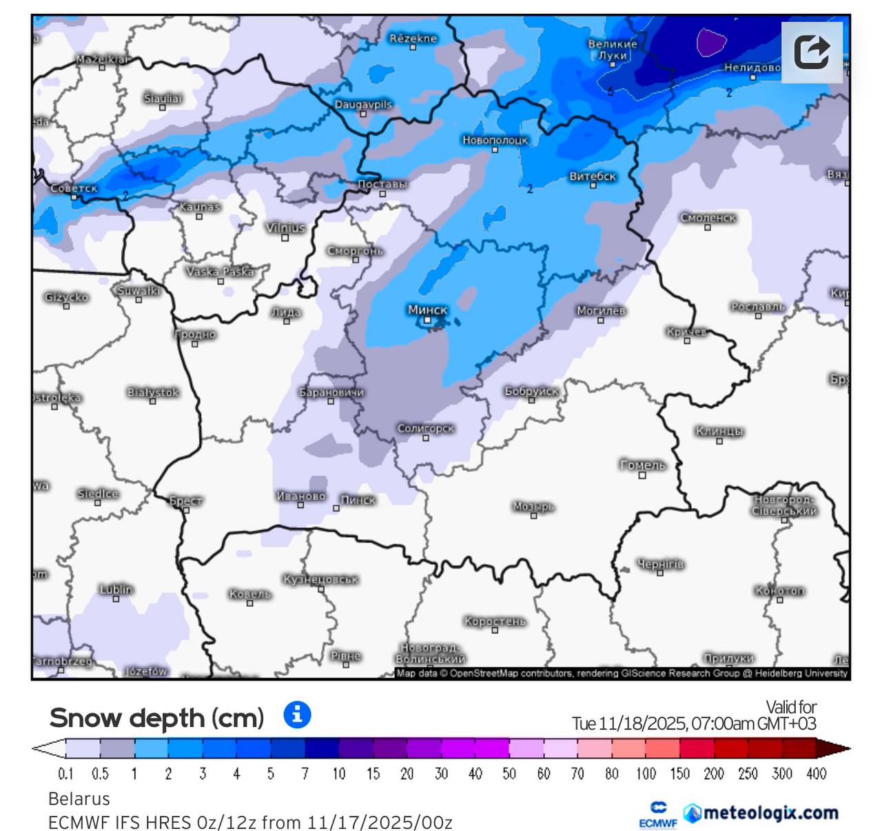 Толщина снежного покрова в Беларуси утром 18 ноября