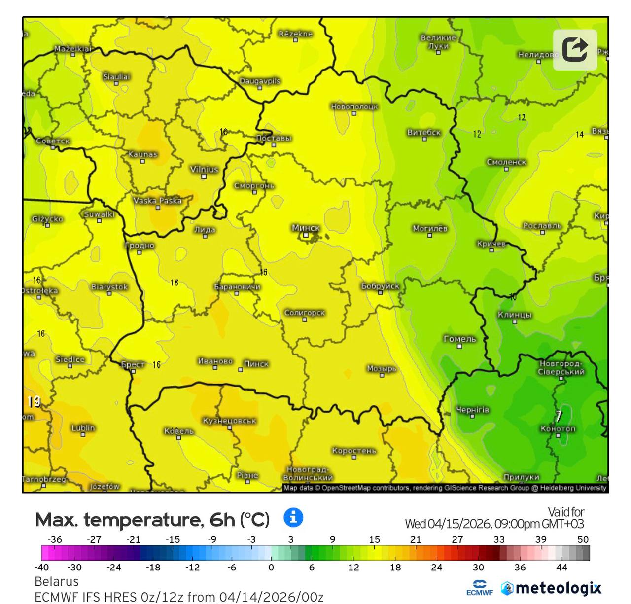Максимальная температура в Беларуси к вечеру 15 апреля