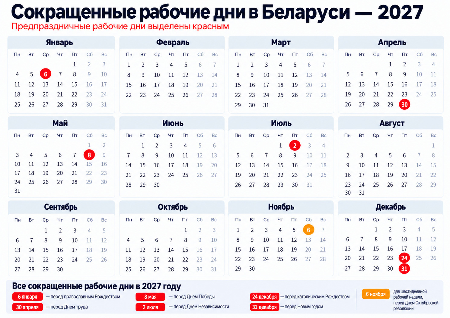 календарь сокращенных рабочих дней в Беларуси в 2027 году