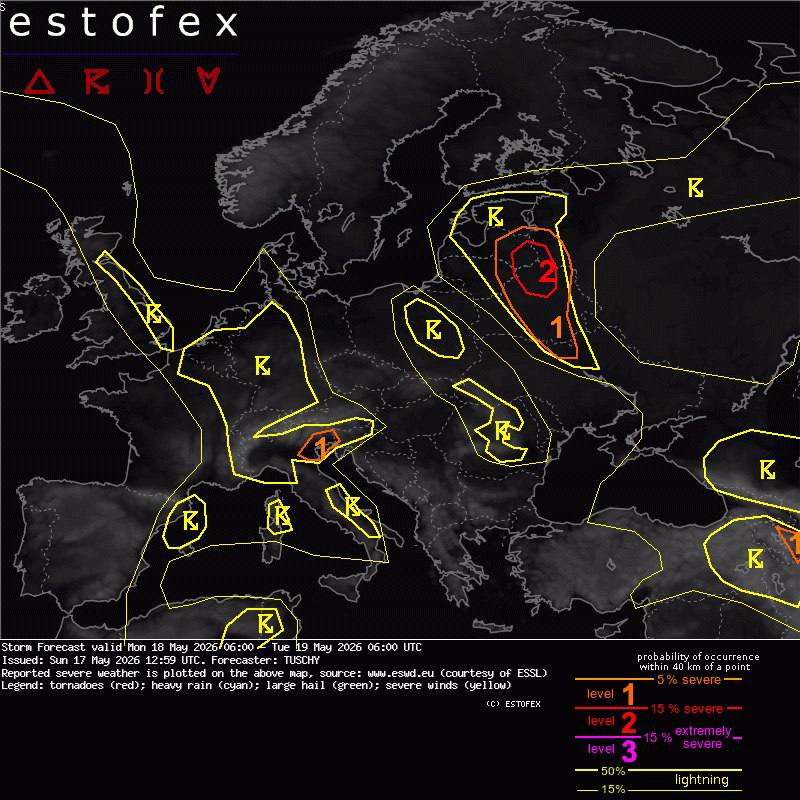 Карта ESTOFEX с уровнями опасности