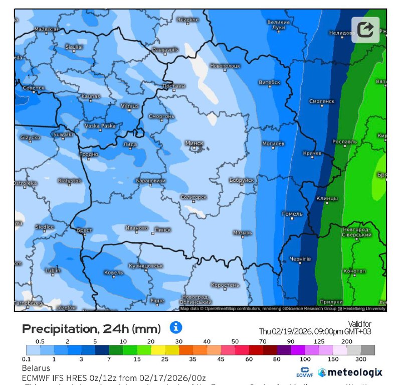 Количество осадков в Беларуси утром 19 февраля