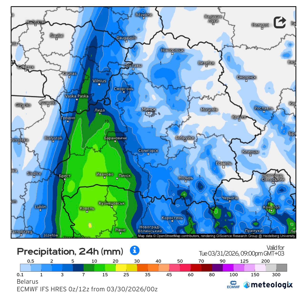 осадки в Беларуси вечером 31 марта
