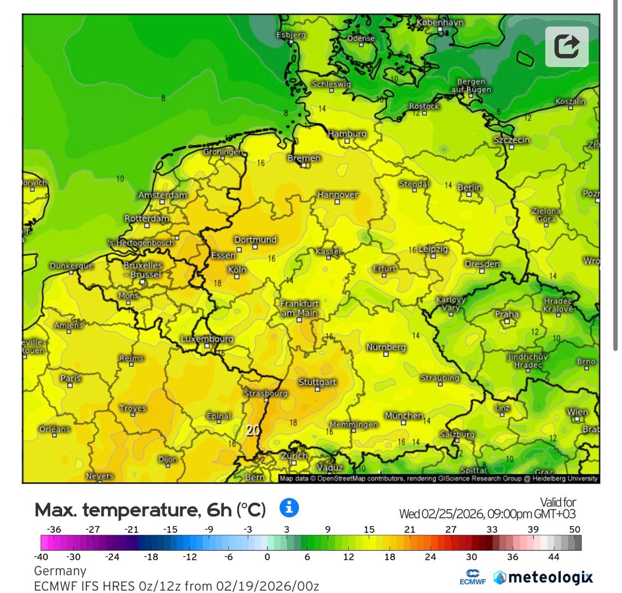 Максимальная температура в Центральной Европе 25 февраля