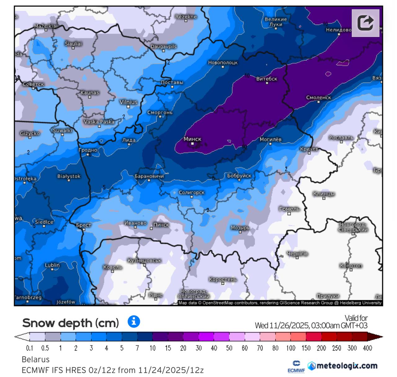 Высота снежного покрова в Беларуси в ночь на 26 ноября