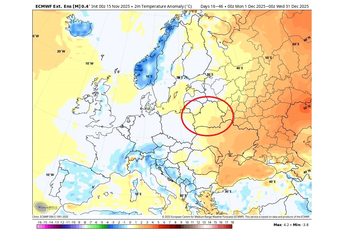 Карта аномалии температуры декабря в Европе