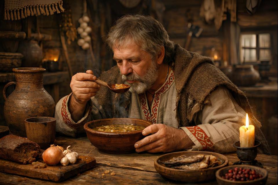 Древний белорус ест похлебку