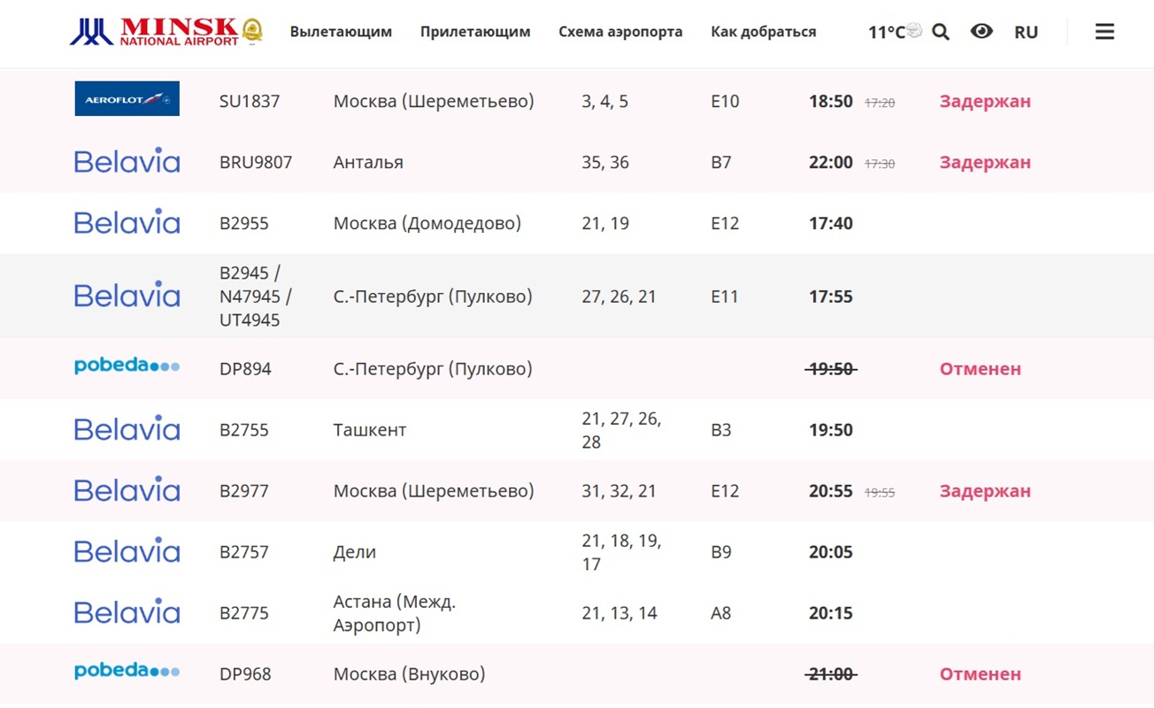 Табло вылетов_Минский аэропорт Табло вылетов_Минский аэропорт