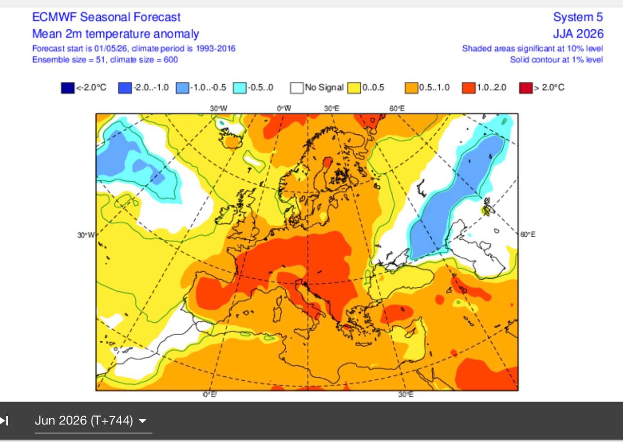 Карта температурных аномалий летом 2026 года от ECMWF