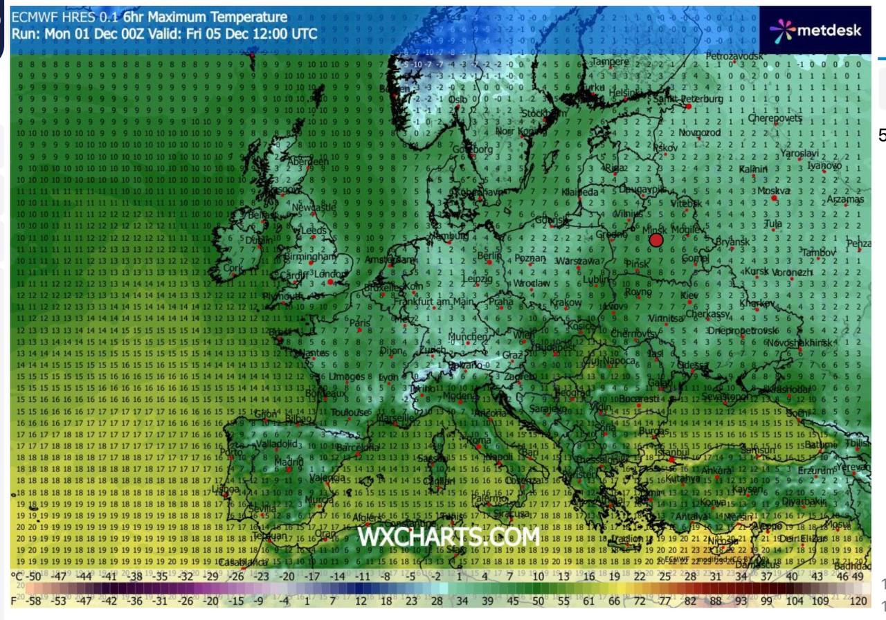 Дневные температуры 5 декабря в Беларуси