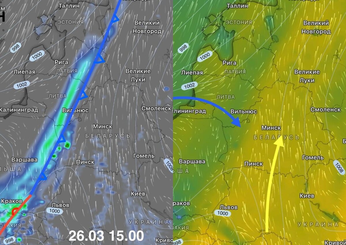 Холодный фронт идет на запад Беларуси и тепло на остальной территории 26 марта