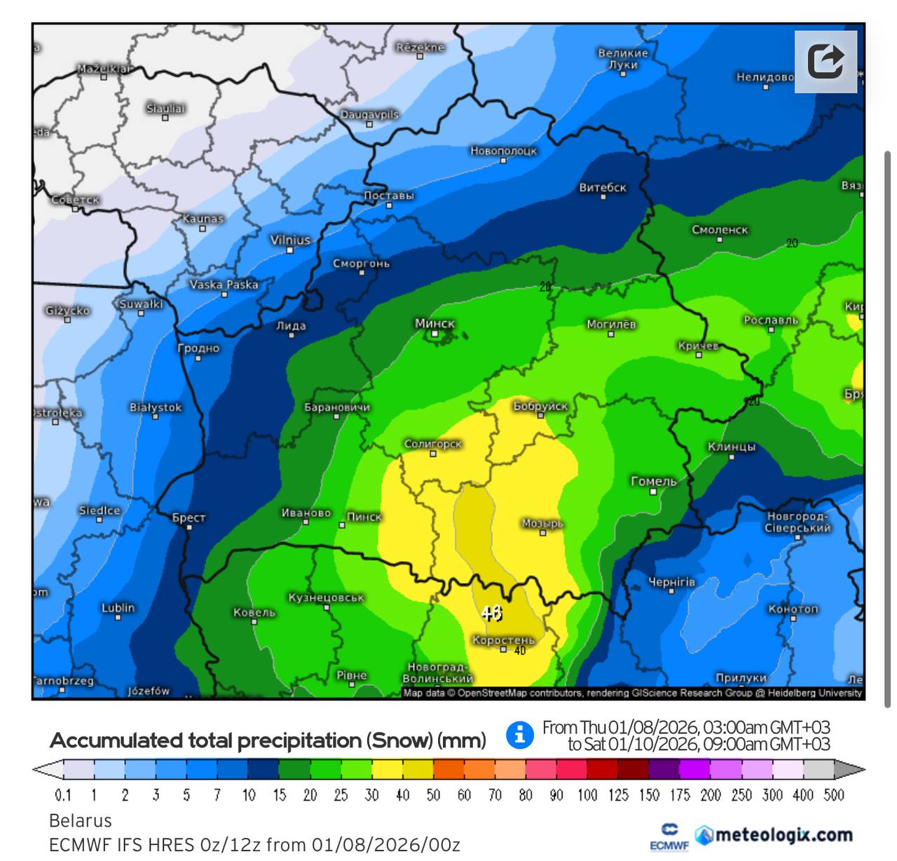 Общее накопленное количество снега в Беларуси с 8 по 10 января