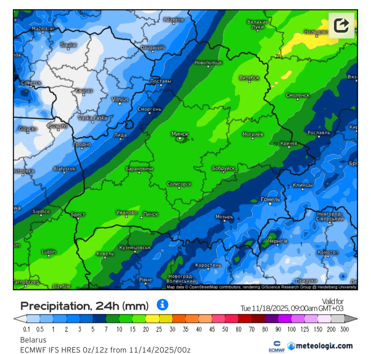 Уровень осадков в Беларуси утром 18 ноября