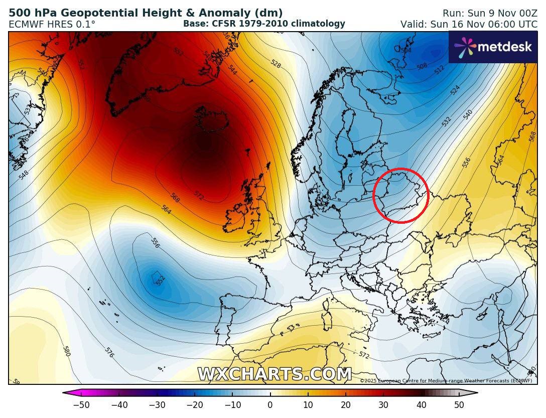 Прогноз аномалии высоты геопотенциала на уровне 500 гПа 16 ноября