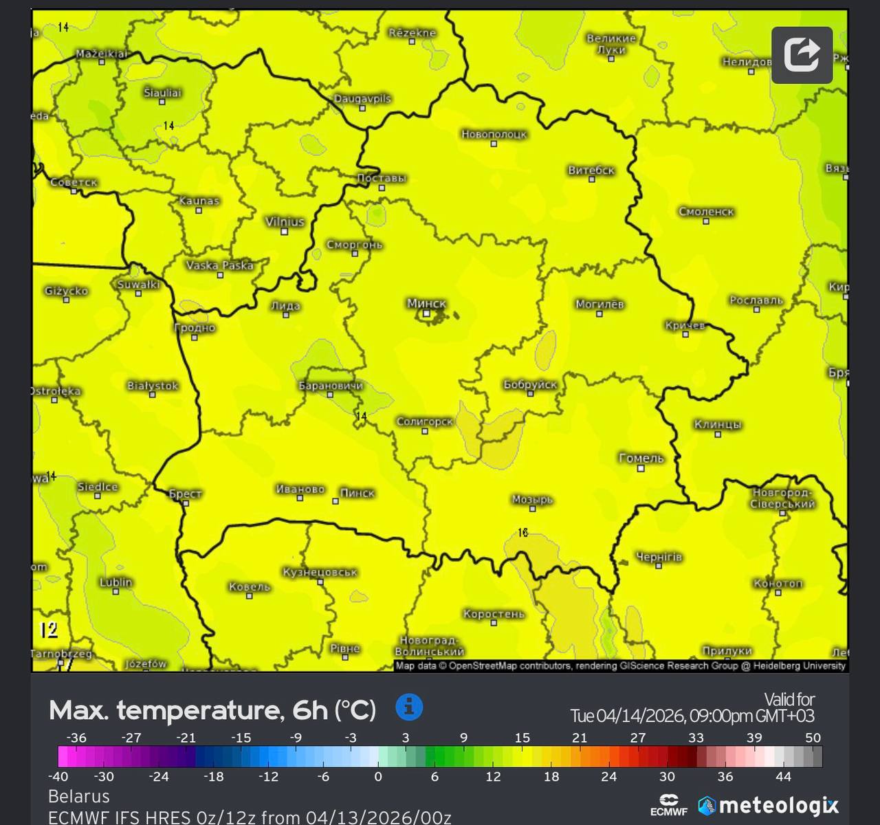Максимальная температура в Беларуси к вечеру 14 апреля