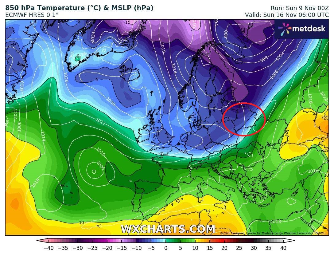 прогноз аномалии температуры на уровне 850 гПа 16 ноября