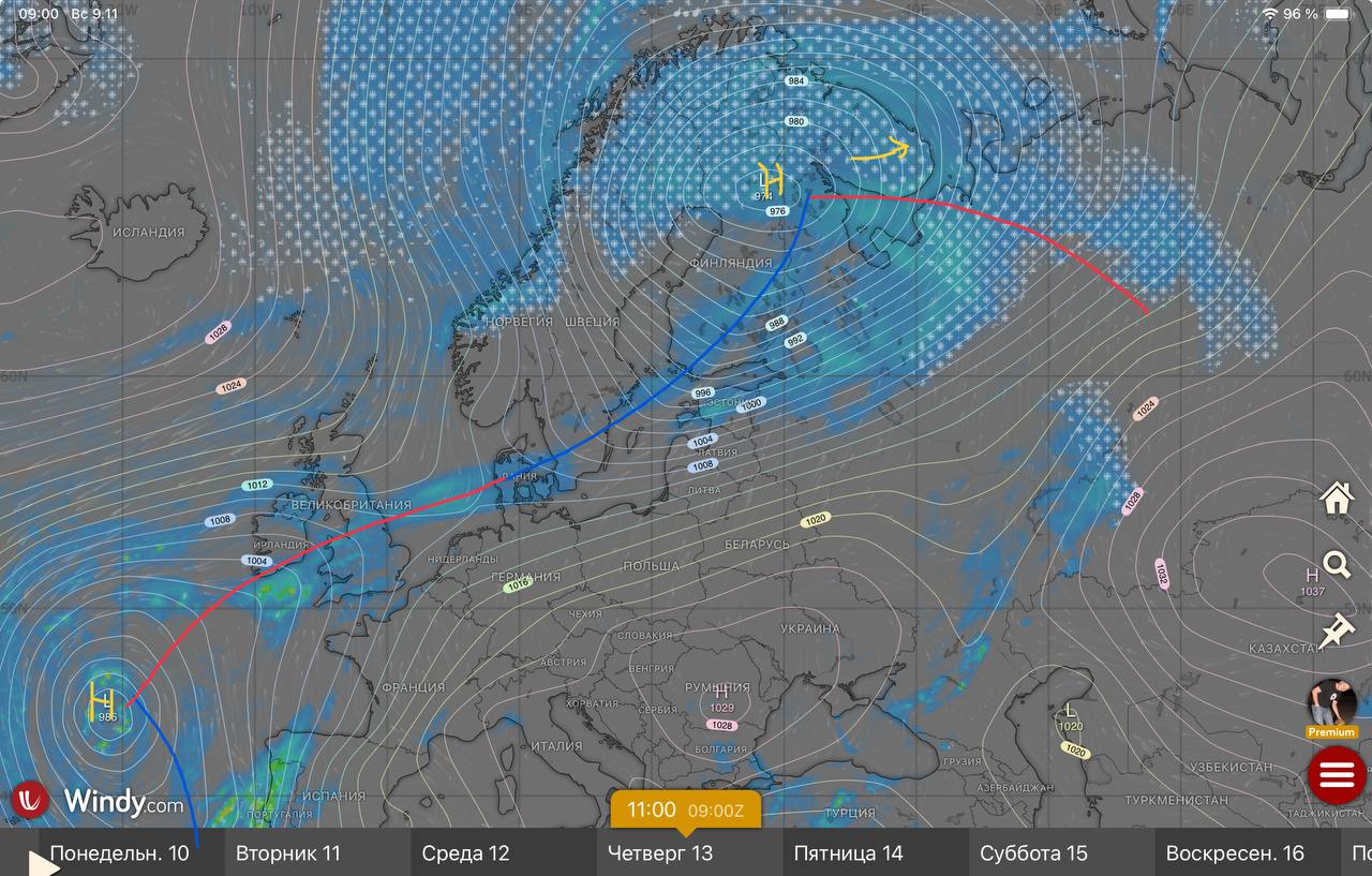 Прохождение атлантического циклона по северу Европы 13 ноября
