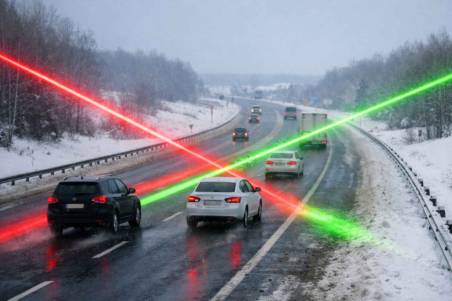 лазеры светят на дорогу с машинами