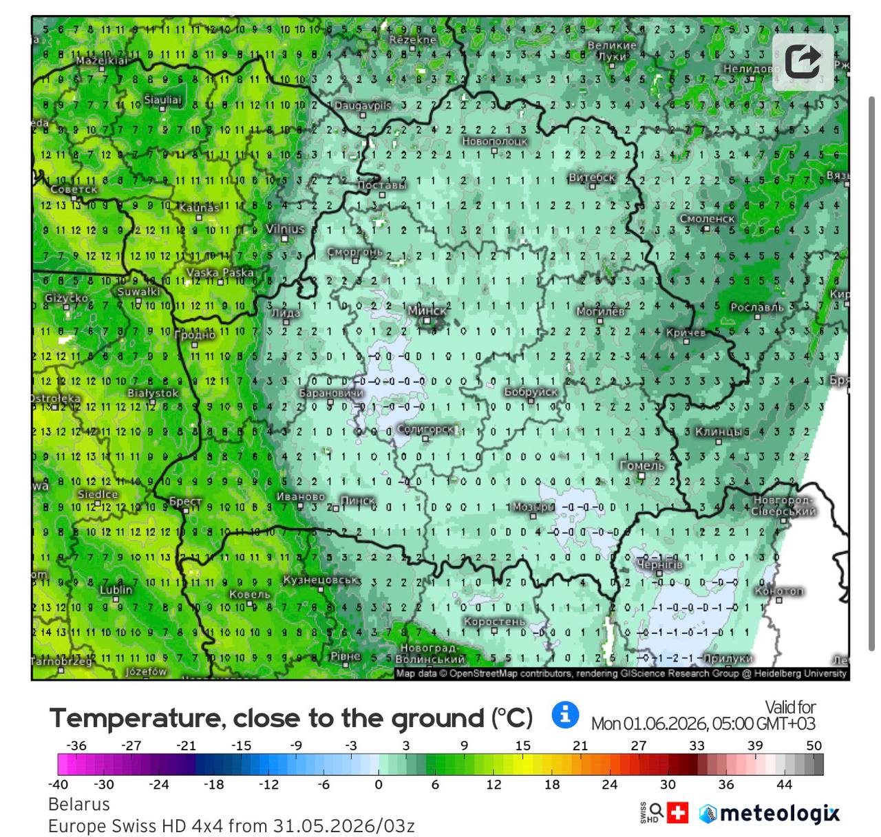 Температура на почве утром 1 июня в Беларуси