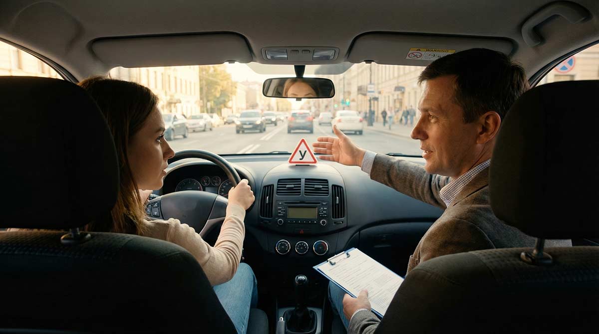 инструктор автошколы учит будущего водителя