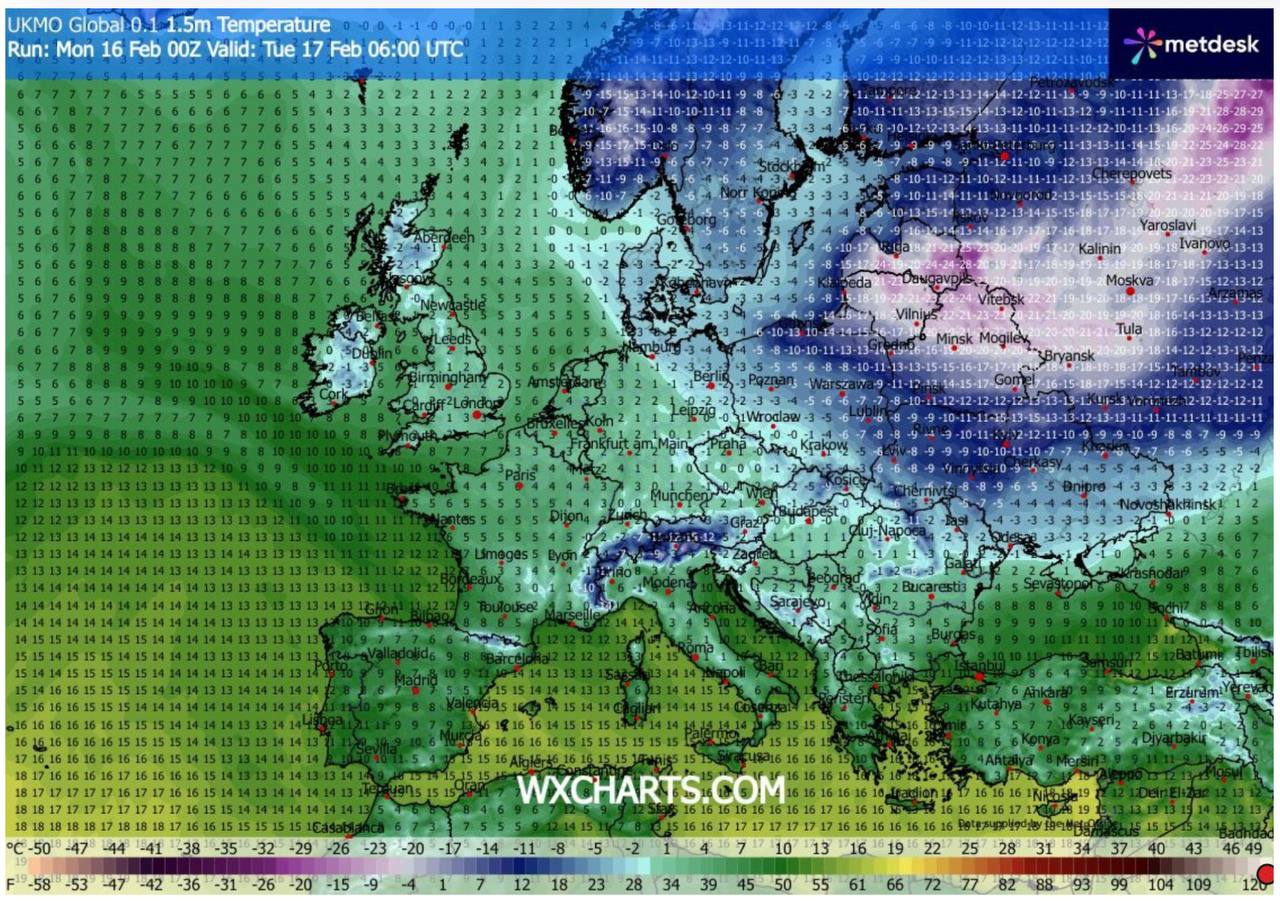 Прогноз по температуре утром 17 февраля от модели UKMO