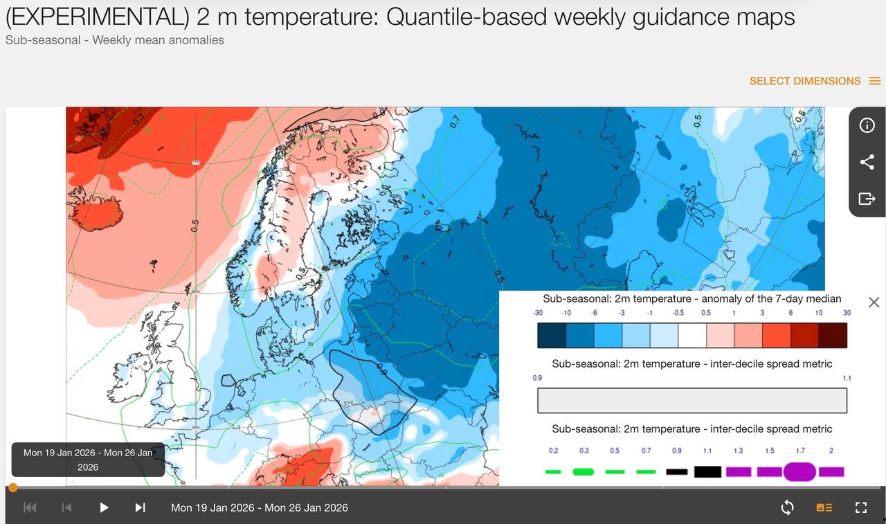 Карта температурных аномалий с 19 по 26 января
