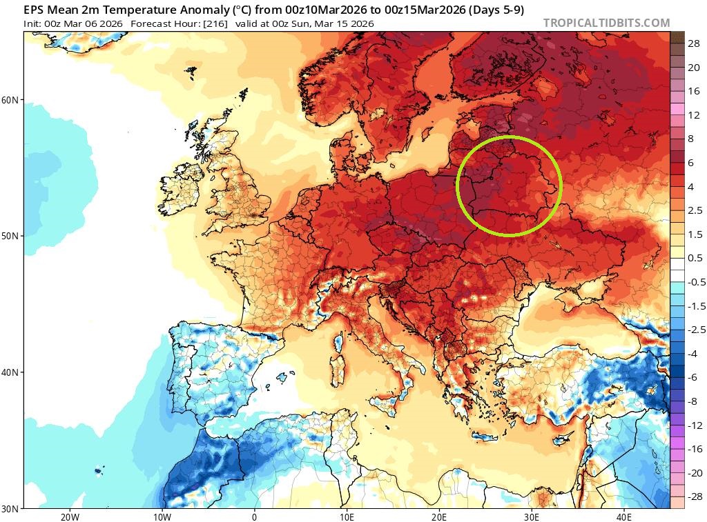 Карта температурных аномалий с 10 по 15 марта