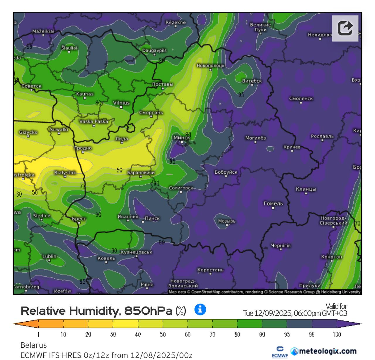 Относительная влажность воздуха в Беларуси 9 декабря