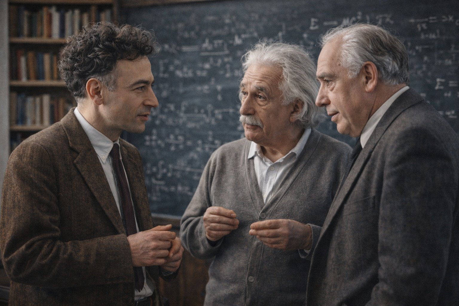 Ландау, Эйнтштейн и Бор, изображение создано ИИ Ландау, Эйнтштейн и Бор, изображение создано ИИ