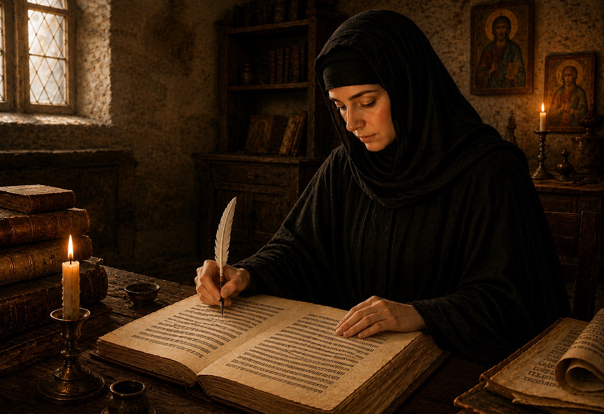 Евфросиния переписывает книгу, изображение сгенерировано ИИ