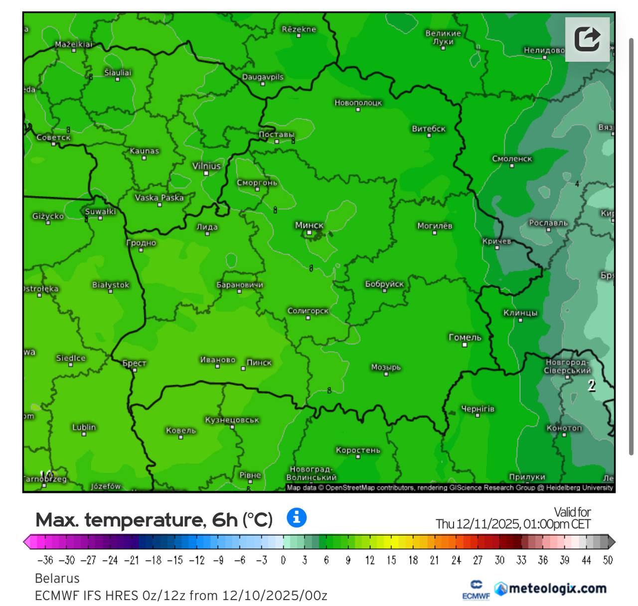 максимальная температура 11 декабря в Беларуси