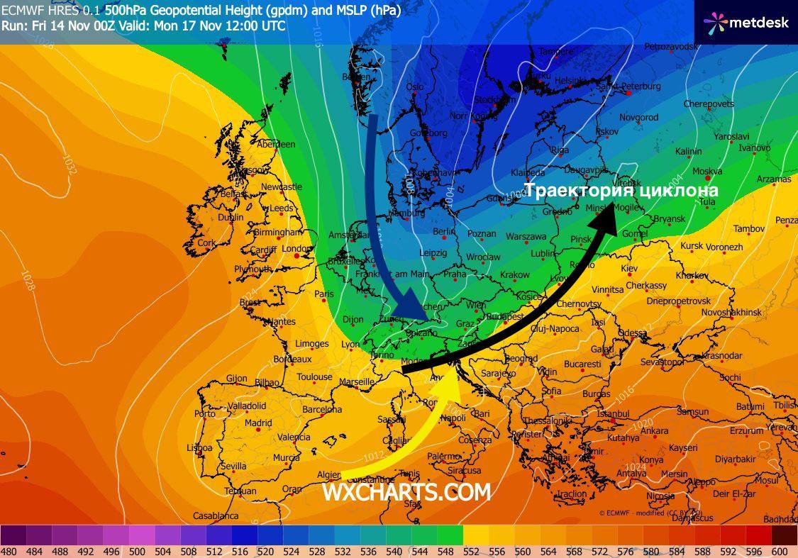 Траектория движения южного циклона из Италии