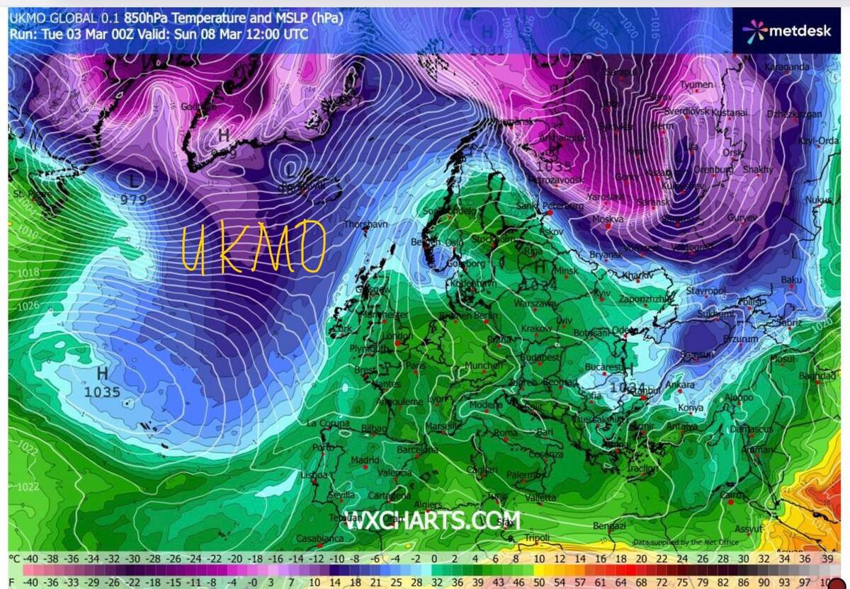 Прогноз по температуре 8 марта от Метеорологического бюро Соединенного Королевства (UKMO)
